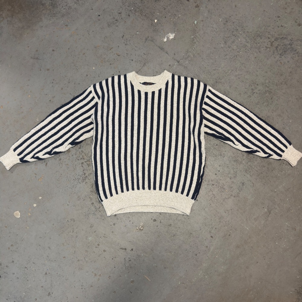 Lake Harmony USA Vintage Striped Cotton Knit Sweater Mens Large Navy Cream